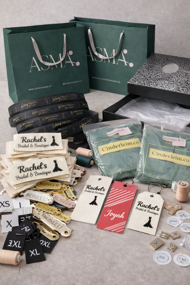 Meja kerja fesyen dengan lukisan pola pakaian, swatch kain, laptop design dan peralatan jahitan untuk proses penyediaan mockup dan sampel pakaian