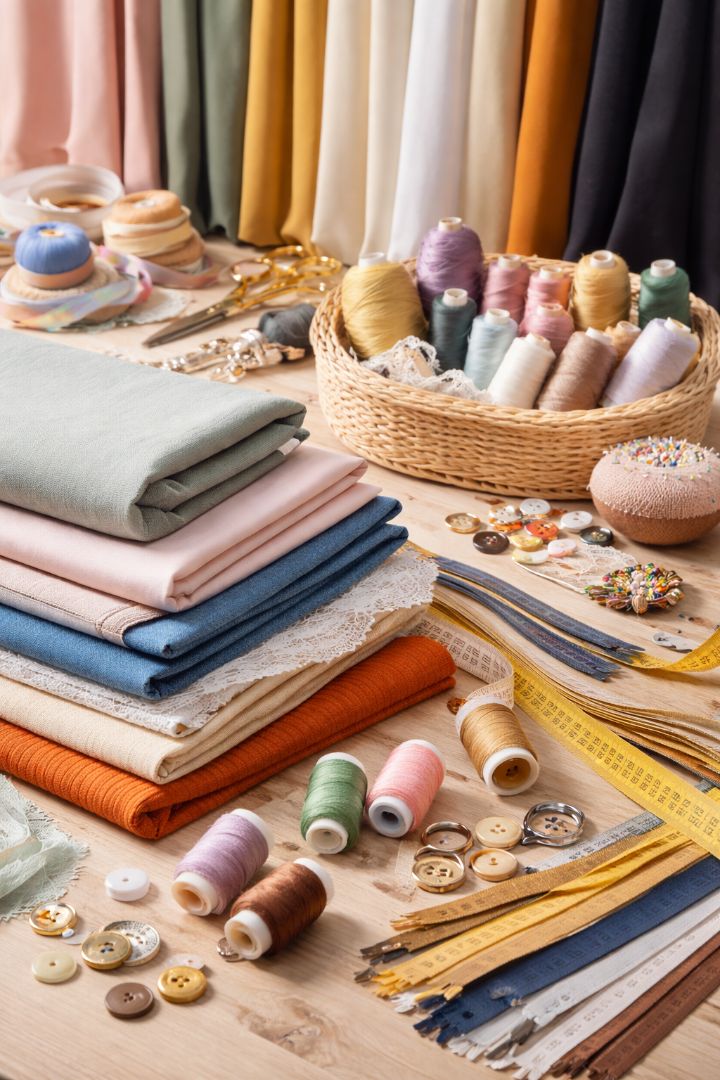 Pelbagai jenis kain dan aksesori jahitan seperti benang, butang, zip dan pita ukur disusun di atas meja untuk penghasilan pakaian custom