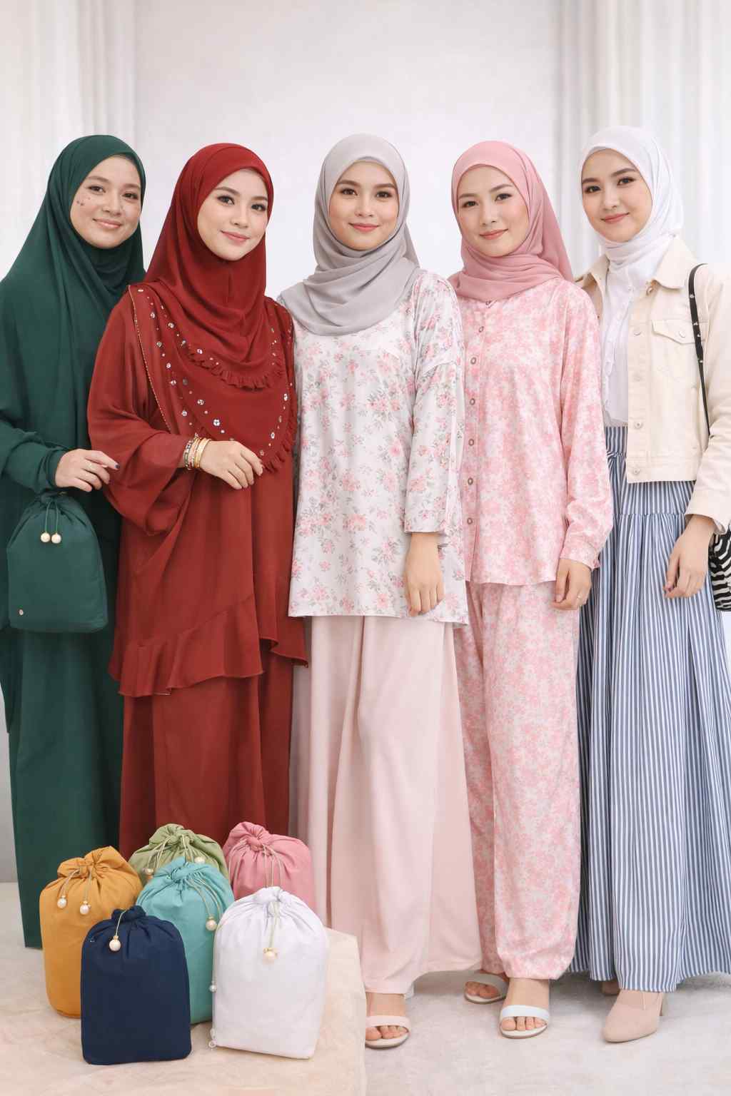 Model wanita Muslimah memakai pelbagai jenis pakaian seperti dress, blouse dan set kasual dengan tudung pelbagai warna sesuai untuk tempahan jahit pukal brand pakaian wanita