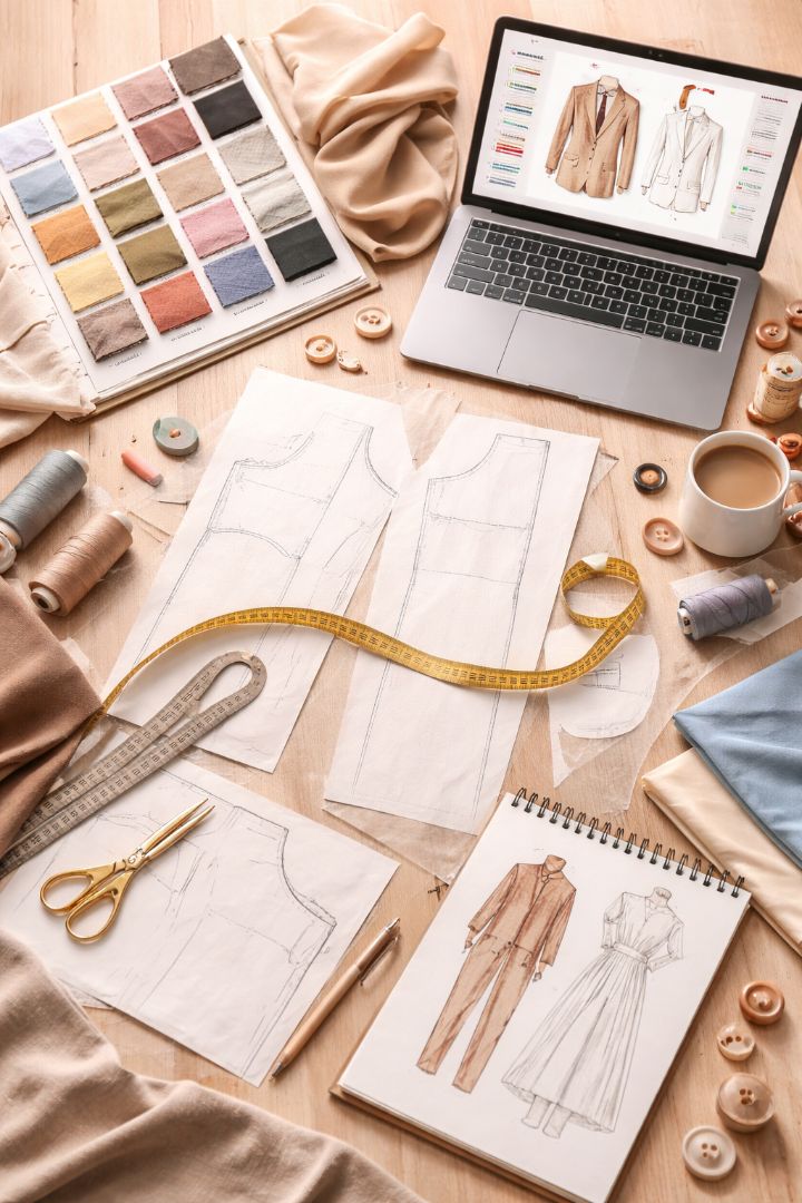 Peralatan lengkap penyediaan pola pakaian termasuk pola kertas, swatch kain, pita ukur dan laptop dengan design mockup pakaian di atas meja kerja