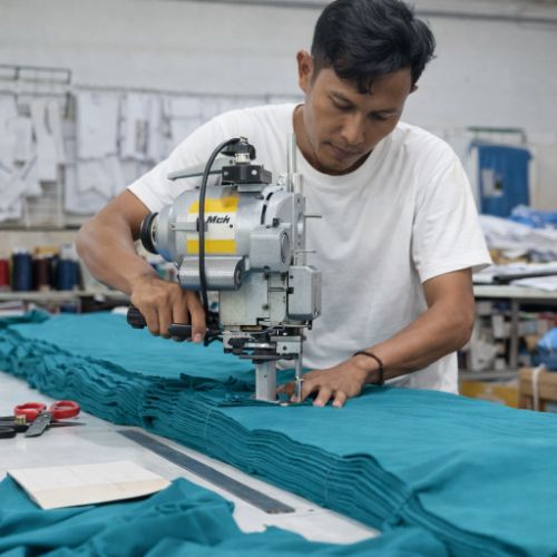 Pekerja kilang pakaian di Indonesia memotong lapisan kain tebal menggunakan mesin potong industri untuk produksi jahit pukal brand dari Malaysia.
