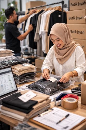 Usahawan wanita Melayu mengurus packing pakaian brand Butik Joyah dengan stok pakaian siap jahit pukal dan kotak penghantaran di butik.