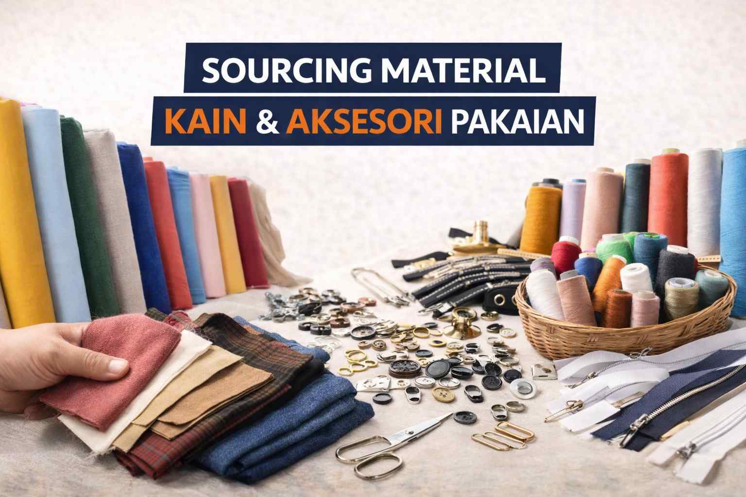 Perkhidmatan sourcing kain dan aksesori pakaian termasuk fabric, benang, zip dan butang untuk pengeluaran pakaian secara pukal