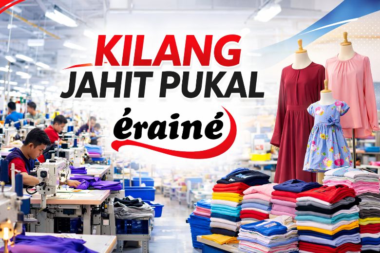 Kilang Jahit Pukal Eraine dengan suasana kilang jahit, pakaian wanita dan kanak-kanak, serta timbunan pakaian siap untuk tempahan pukal.
