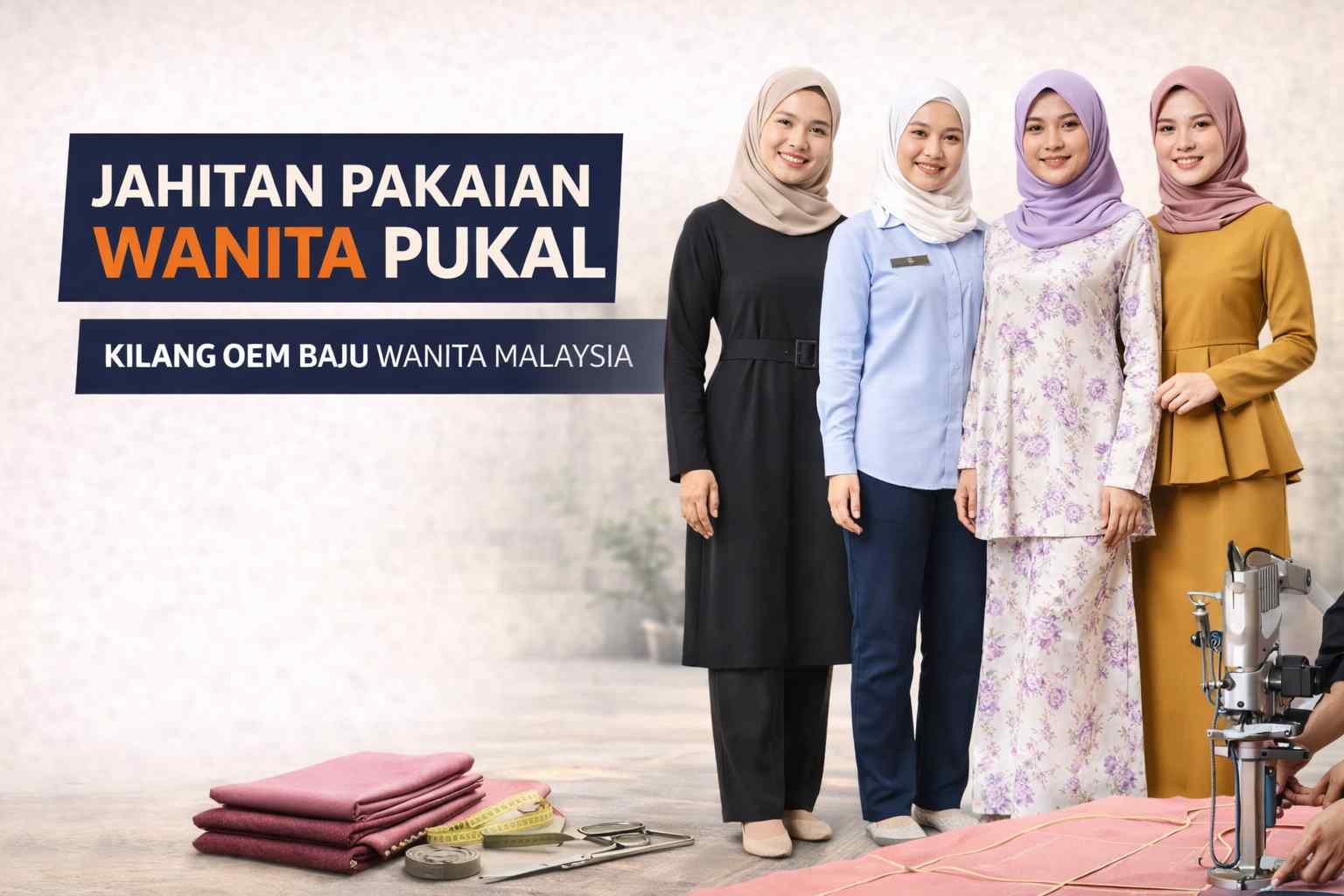 Perkhidmatan jahitan pakaian wanita pukal termasuk dress, blouse dan pakaian muslimah dengan proses fabrik dan aksesori di kilang OEM