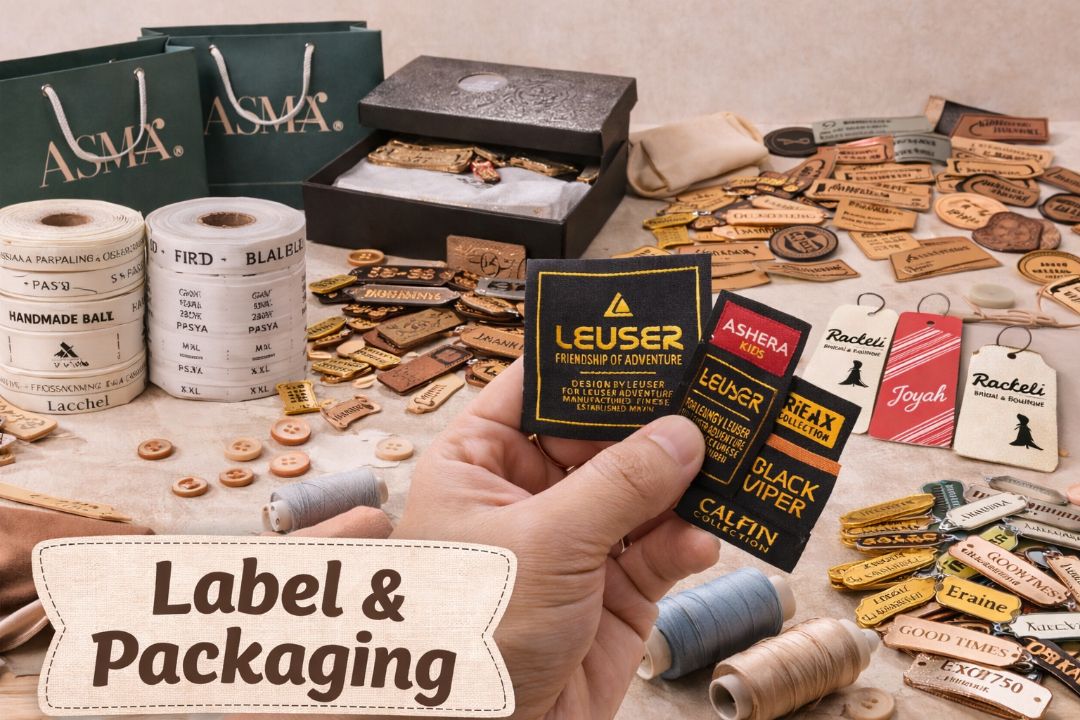 Pelbagai jenis label pakaian dan packaging termasuk woven label, printed label, hang tag dan metal tag disusun di atas meja dengan tangan memegang label jenama sebagai contoh branding pakaian custom