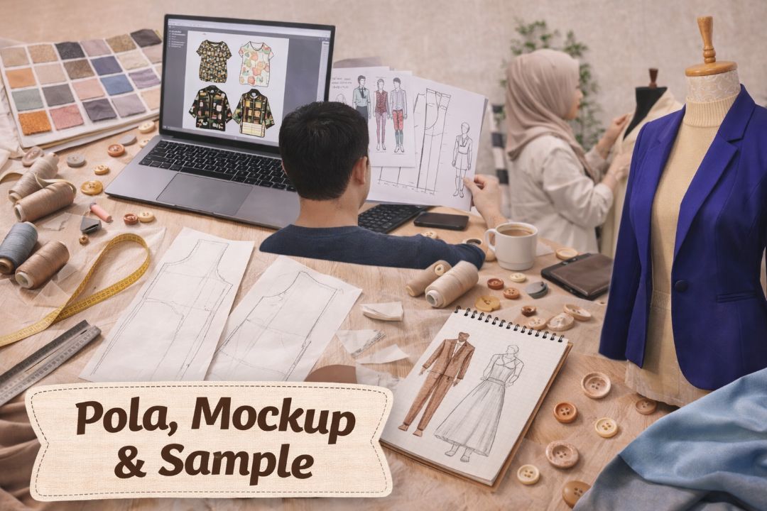 Proses penyediaan pola, mockup dan sampel pakaian dengan lukisan design, laptop mockup digital, swatch kain dan mannequin untuk fitting sample di studio fesyen