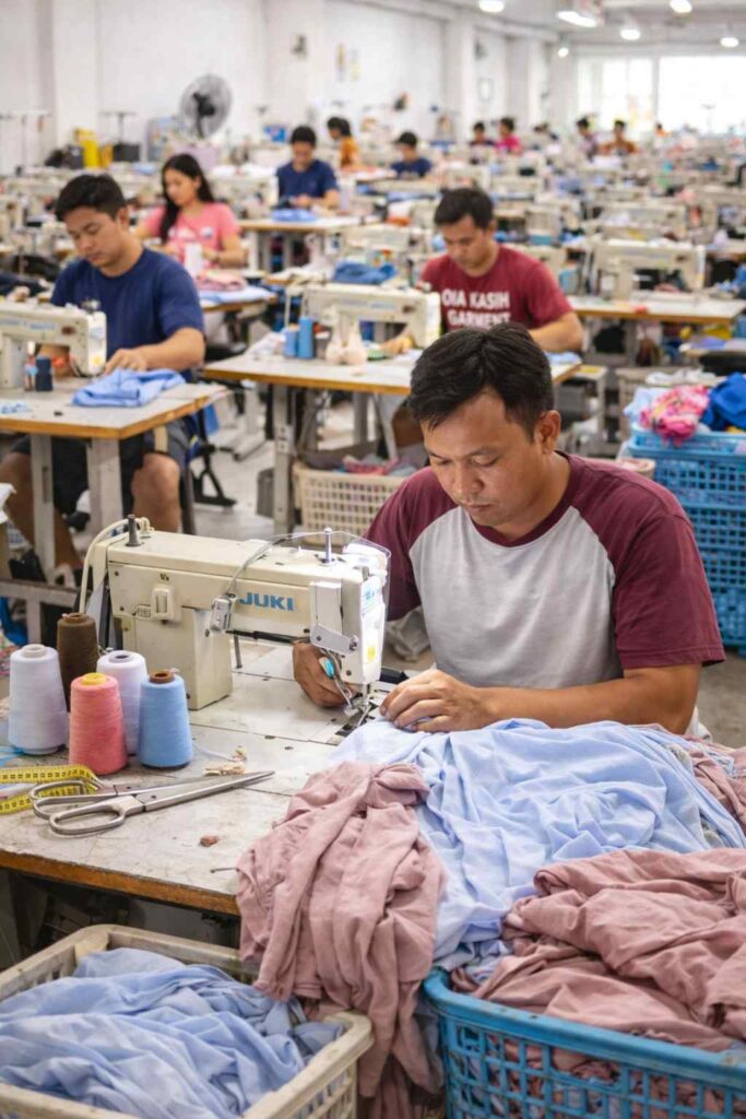 Proses produksi pakaian di kilang jahit pukal Eraine dengan pekerja menggunakan mesin jahit industri untuk menghasilkan tempahan pakaian.