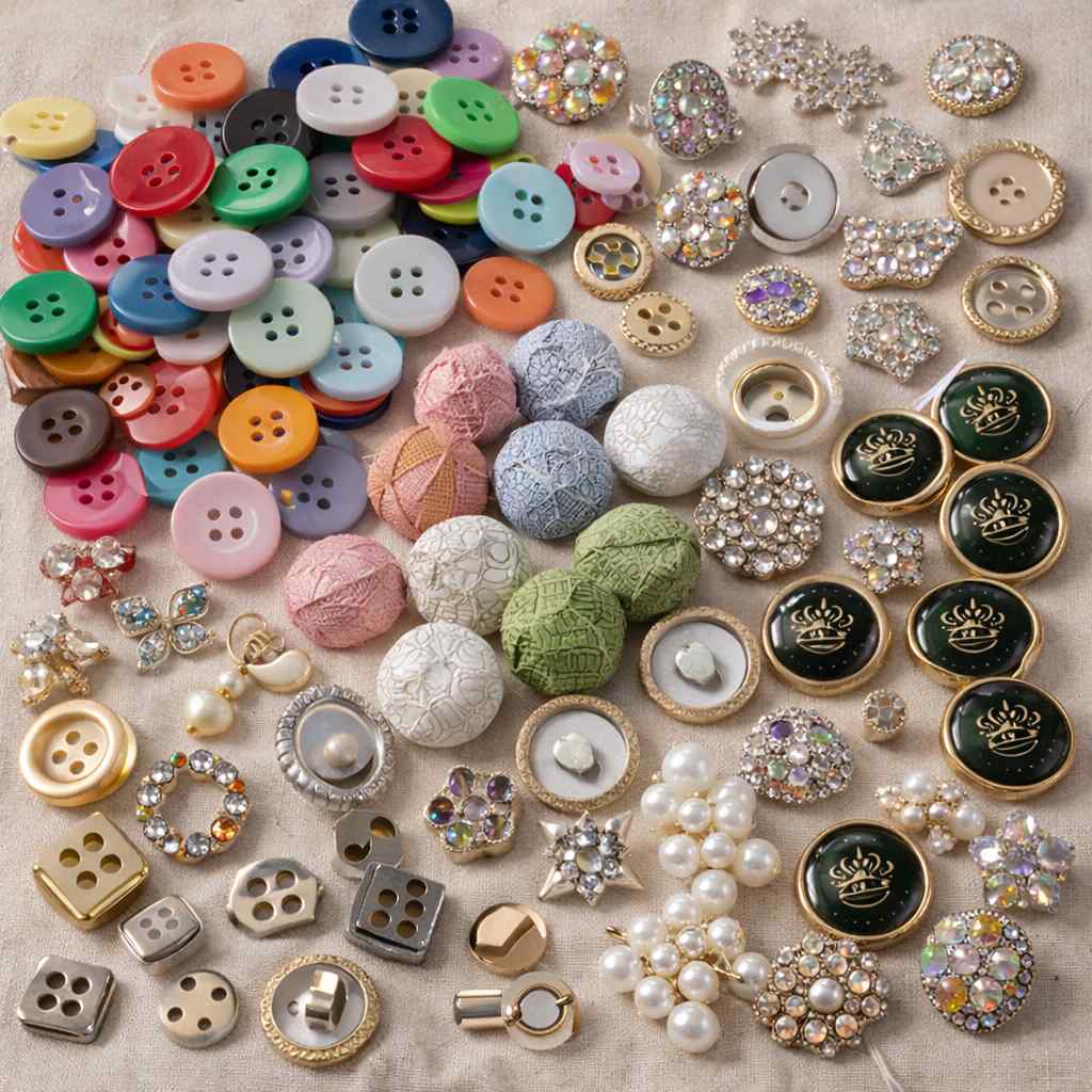 Pelbagai jenis butang pakaian berwarna-warni dan aksesori hiasan seperti rhinestone dan manik untuk kegunaan pakaian custom
