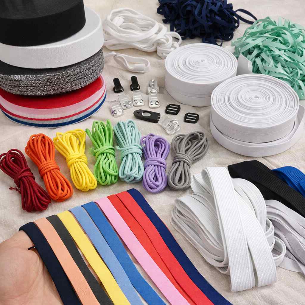 Pelbagai jenis getah, tali dan pita untuk kegunaan pakaian seperti waistband, hoodie dan aksesori jahitan