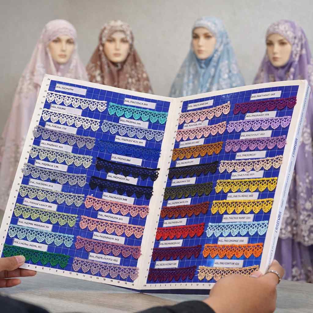 Buku sample lace dengan pelbagai pilihan corak dan warna untuk rujukan design telekung