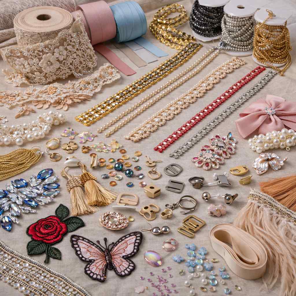 Pelbagai aksesori hiasan pakaian seperti rantai, manik, rhinestone dan patch sulam disusun di atas meja