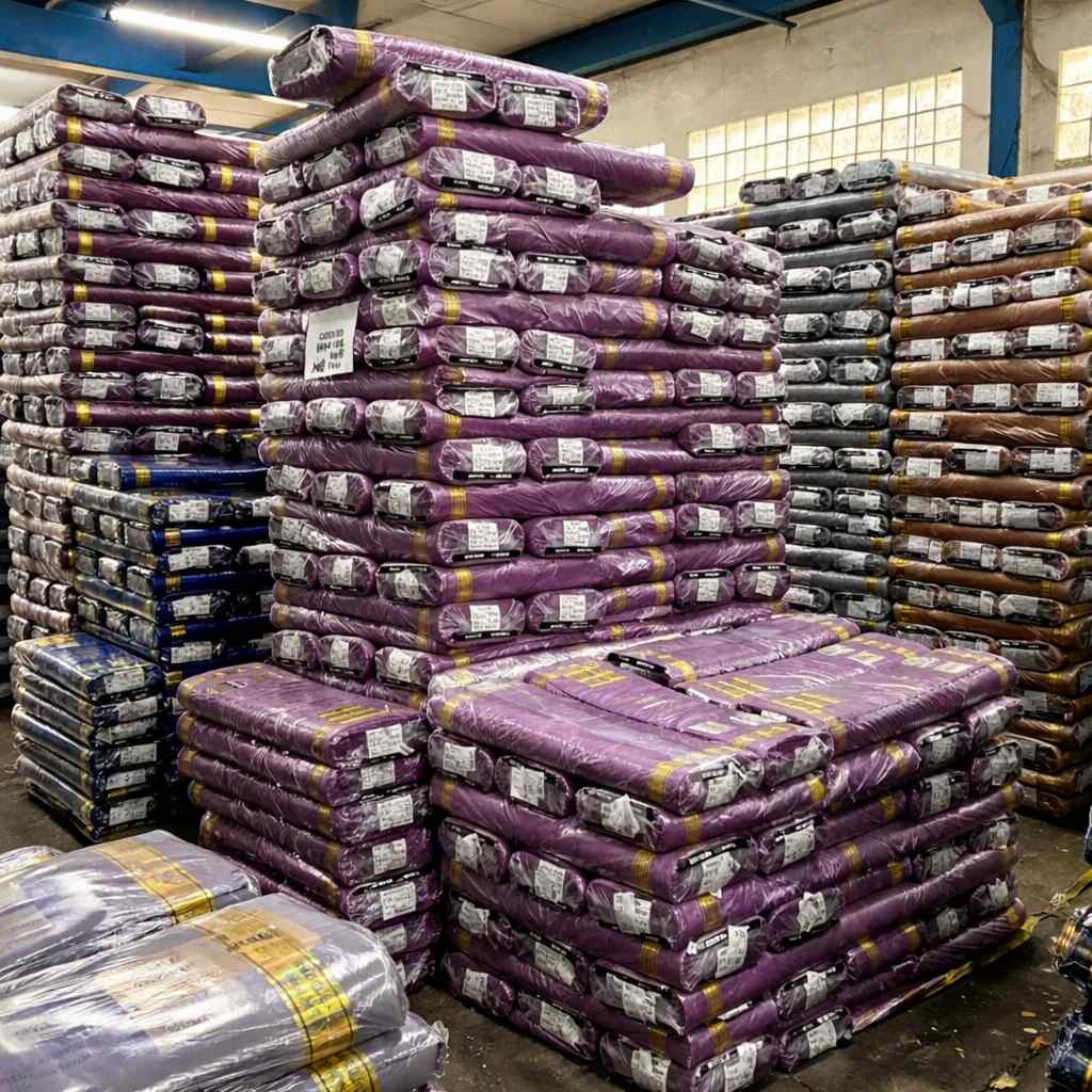 Gulung kain dalam kuantiti besar di gudang untuk pengeluaran pakaian secara pukal