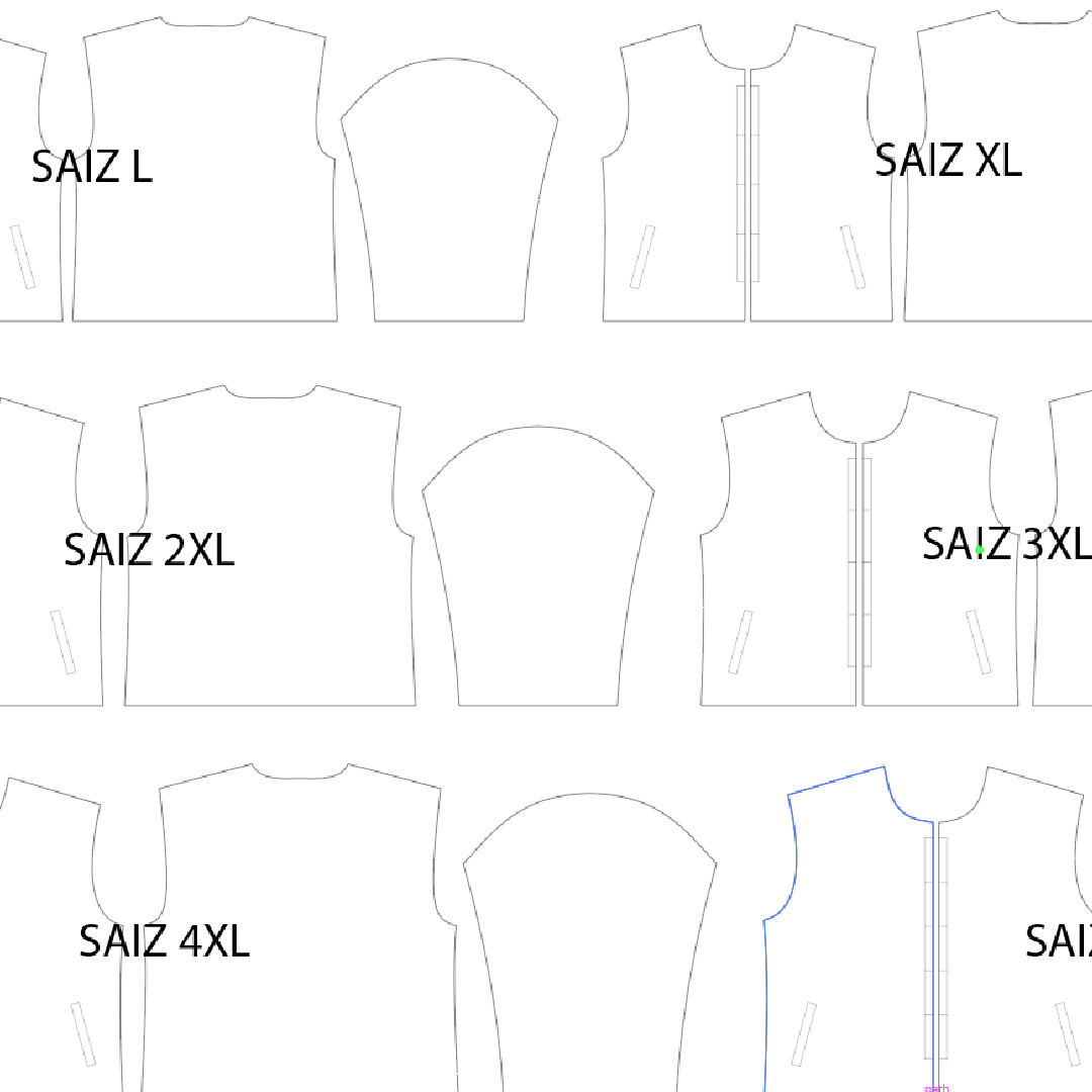 Contoh pola pakaian pelbagai saiz dalam bentuk digital untuk rujukan pengeluaran